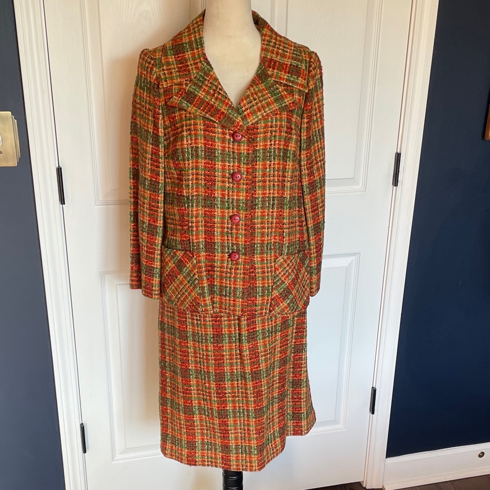 Vintage Hanbury London Skirt Suit Orange Green Red Plaid Thick Fabric 1960s Sz M
